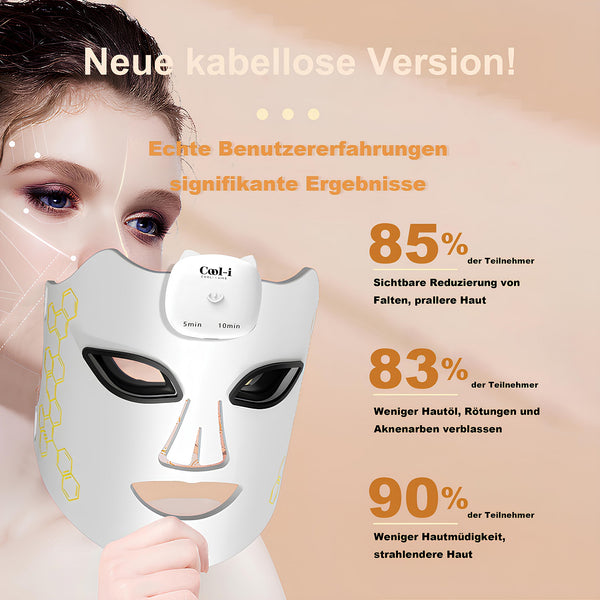 Before and after results from COOL-i LED mask showing 85 percent wrinkle reduction and clearer skin