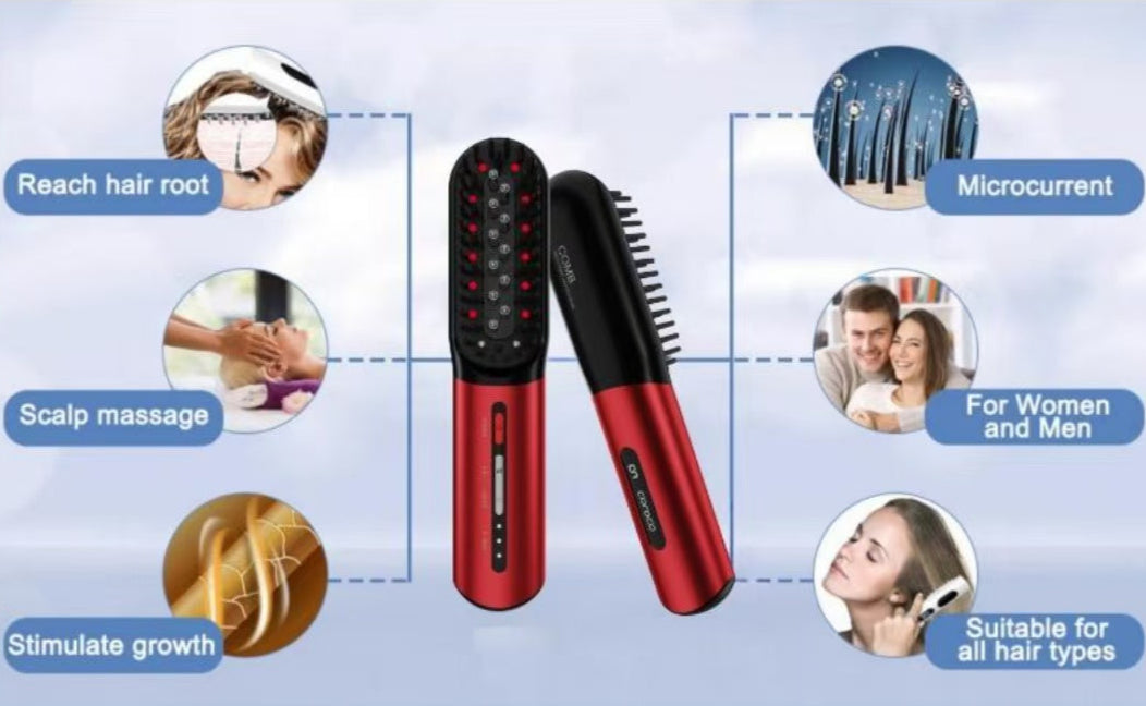 Hairbrush with features for scalp massage, reaching hair roots, and stimulating growth on a blue background.