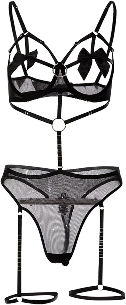 Flat lay design of plus size strappy black lingerie set with stockings"