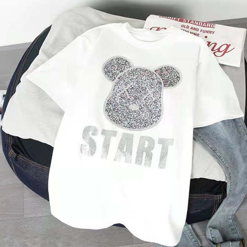 White casual START T-shirt with glitter rhinestone bear design