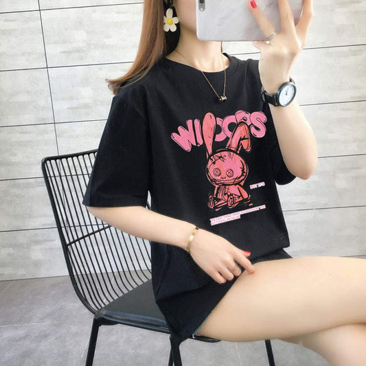Black round neck women’s summer t-shirt with pink cartoon print