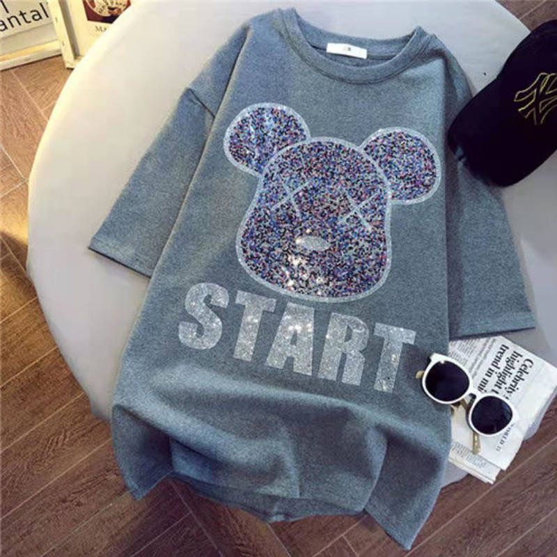 Gray oversized START T-shirt with rhinestone bear design for women