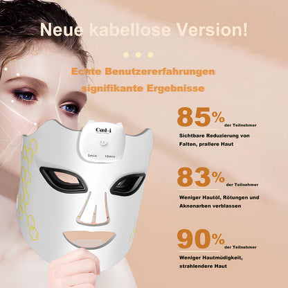 Before and after results from COOL-i LED mask showing 85 percent wrinkle reduction and clearer skin

