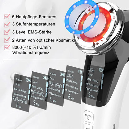 Functions of COOL-i microdermabrasion device showing microdermabrasion, ion photon therapy, EMS, hot cold compress, and massage

