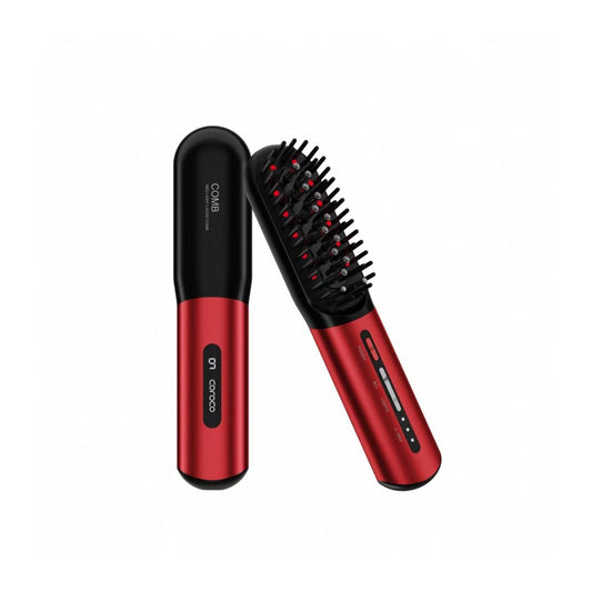 Red and black hair styling tool on a white background