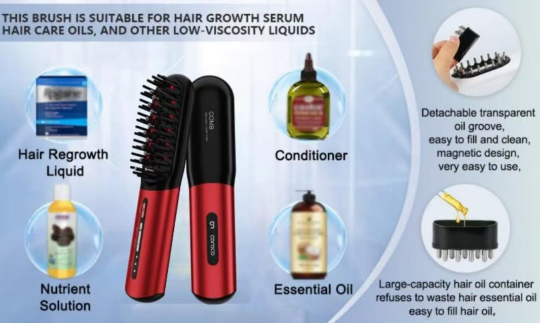 Hair care product set with a brush, bottles of liquid, and oil, featuring text about its uses and features.