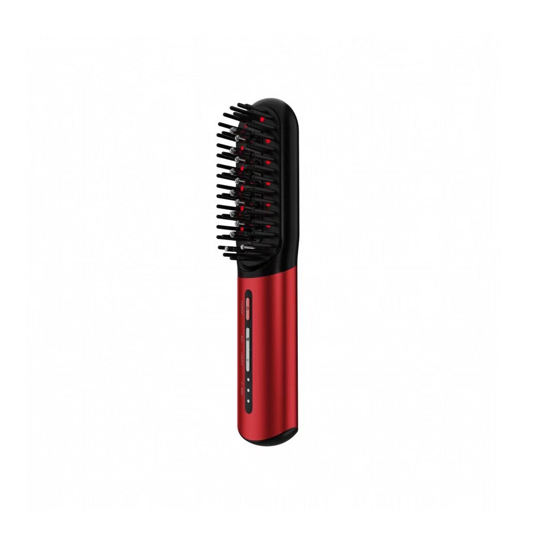 Red and black hairbrush on a white background