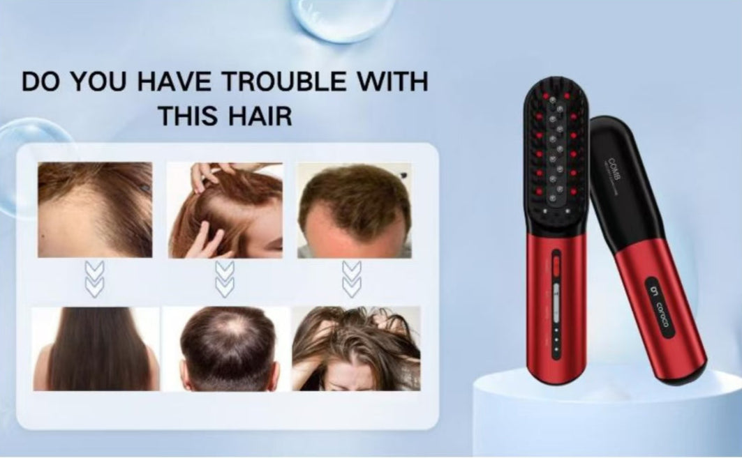 Hair care product with images of hair issues and a blue background