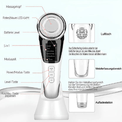 Front and side view of COOL-i microdermabrasion device on a stand

