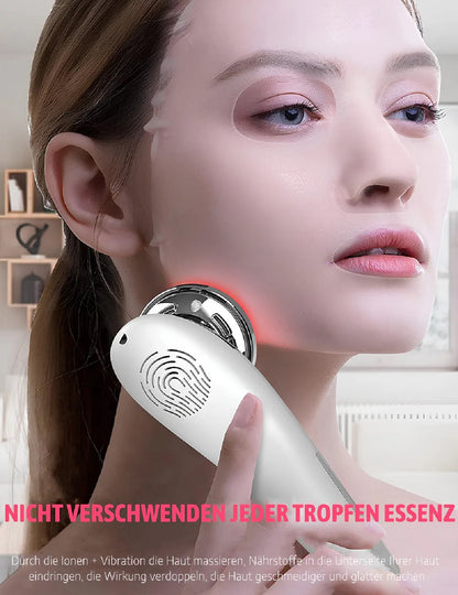 Woman using COOL-i microdermabrasion device on her face for skin tightening

