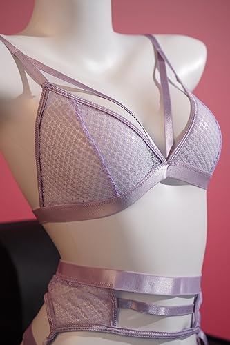 Wluxwater women's sexy lingerie with garters and matching bra and panty lingerie sets 5 Piece. Purple.