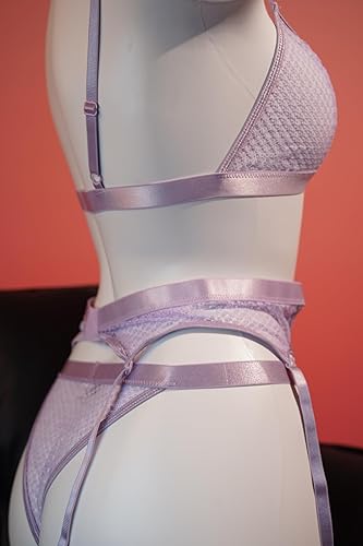 Wluxwater women's sexy lingerie with garters and matching bra and panty lingerie sets 5 Piece. Purple.