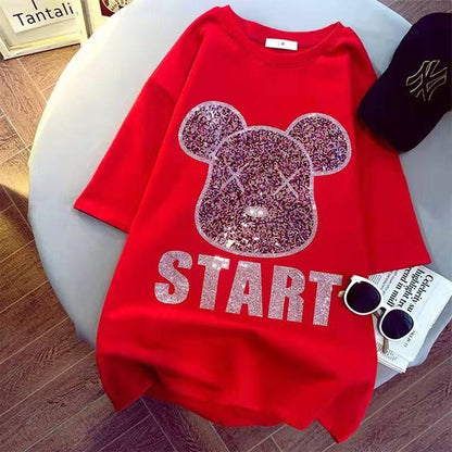 Red START graphic oversized T-shirt with bear rhinestone design for women