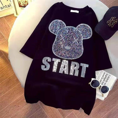 Black oversized START T-shirt with rhinestone bear graphic design