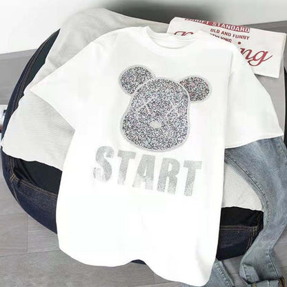 White casual START T-shirt with glitter rhinestone bear design