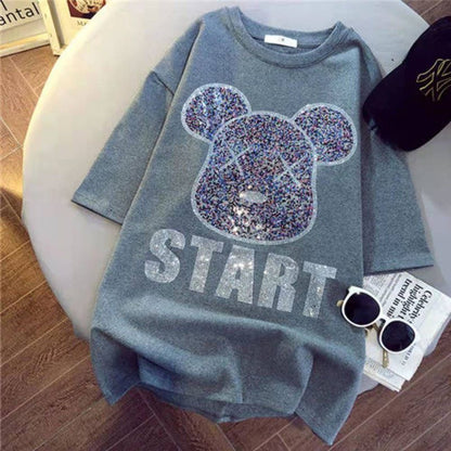 Gray oversized START T-shirt with rhinestone bear design for women