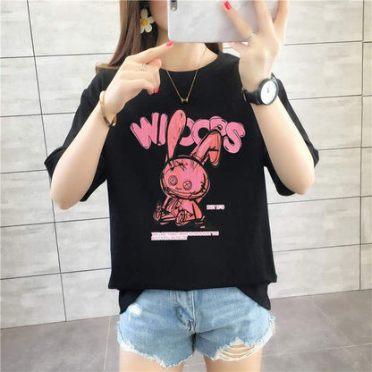 Black women’s casual t-shirt with summer pink print and relaxed fit