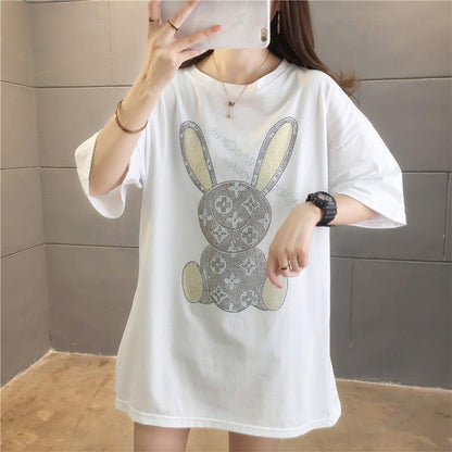 White Luxwater rhinestone bunny design oversized cotton T-shirt for women