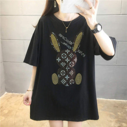Black Luxwater rhinestone bunny short sleeve T-shirt casual chic style